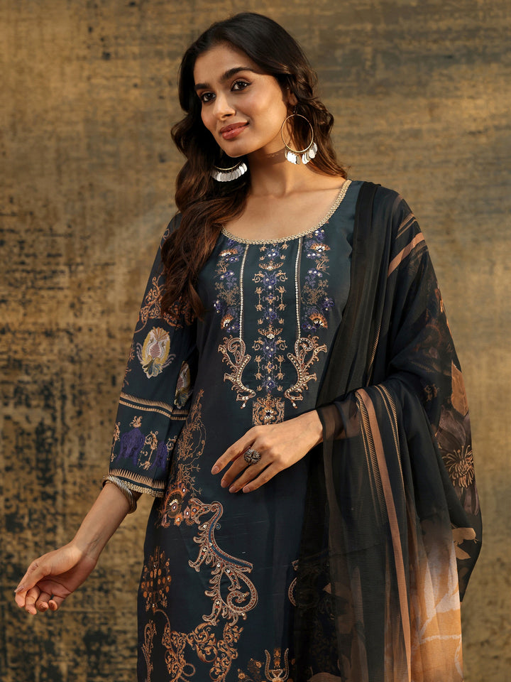 Libas Dark Teal Blue Embellished Silk Blend Straight Suit Set