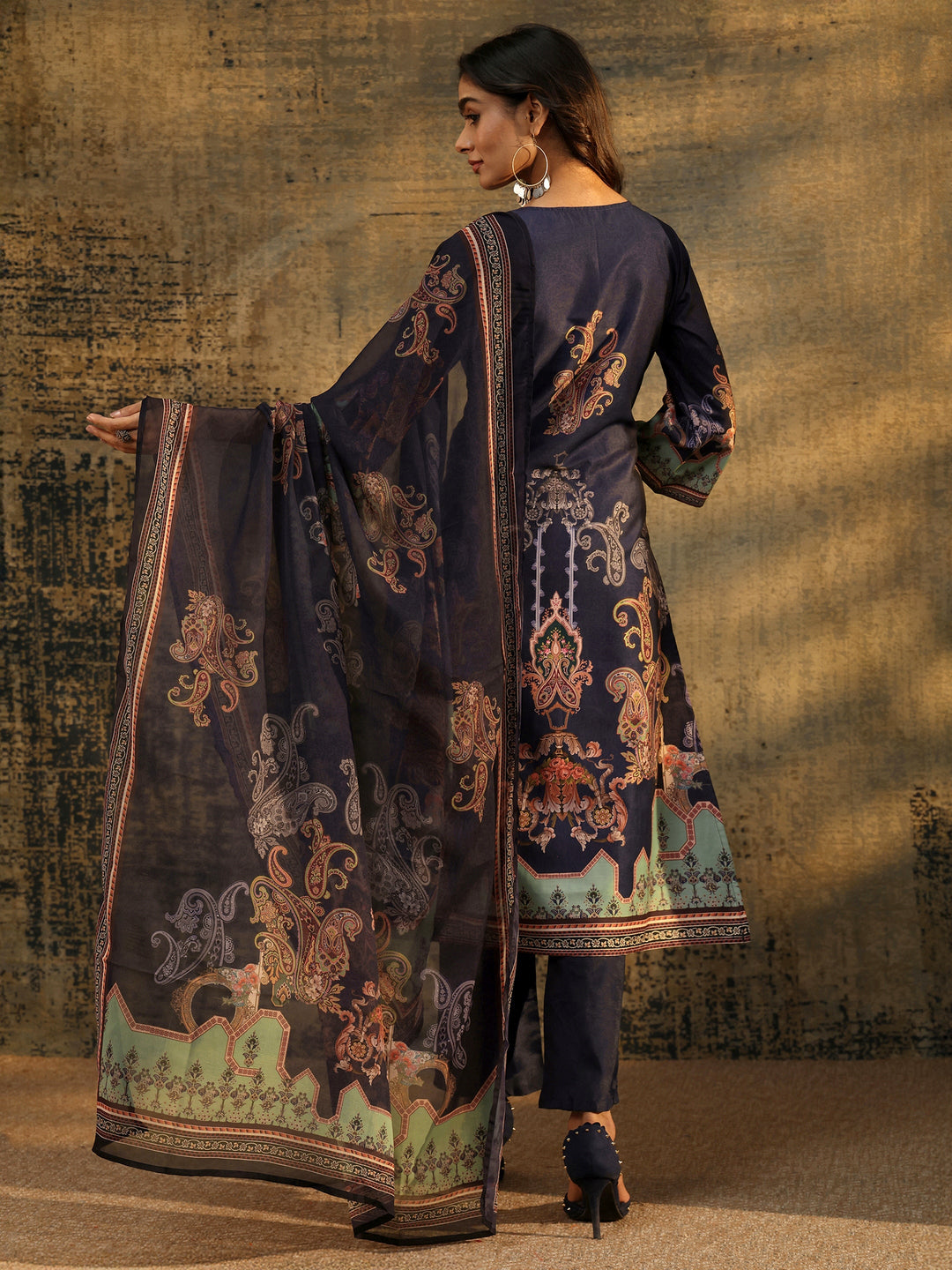Libas Midnight Purple Paisley Print  Silk Blend Straight Suit Set