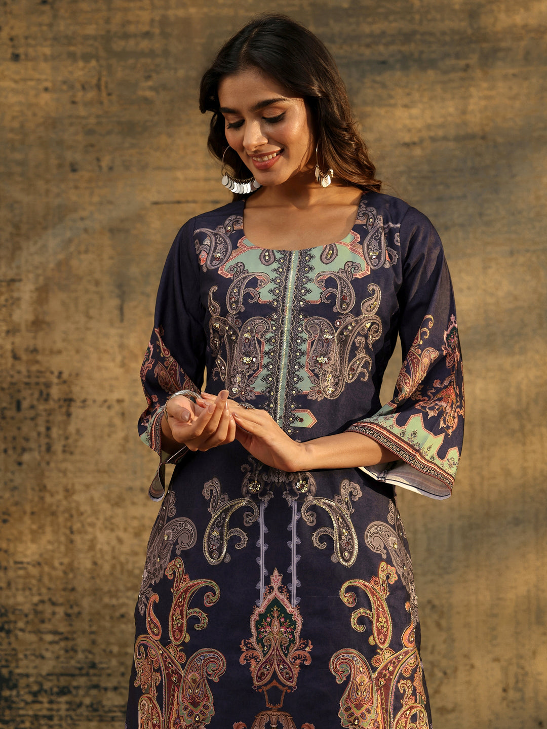 Libas Midnight Purple Paisley Print  Silk Blend Straight Suit Set