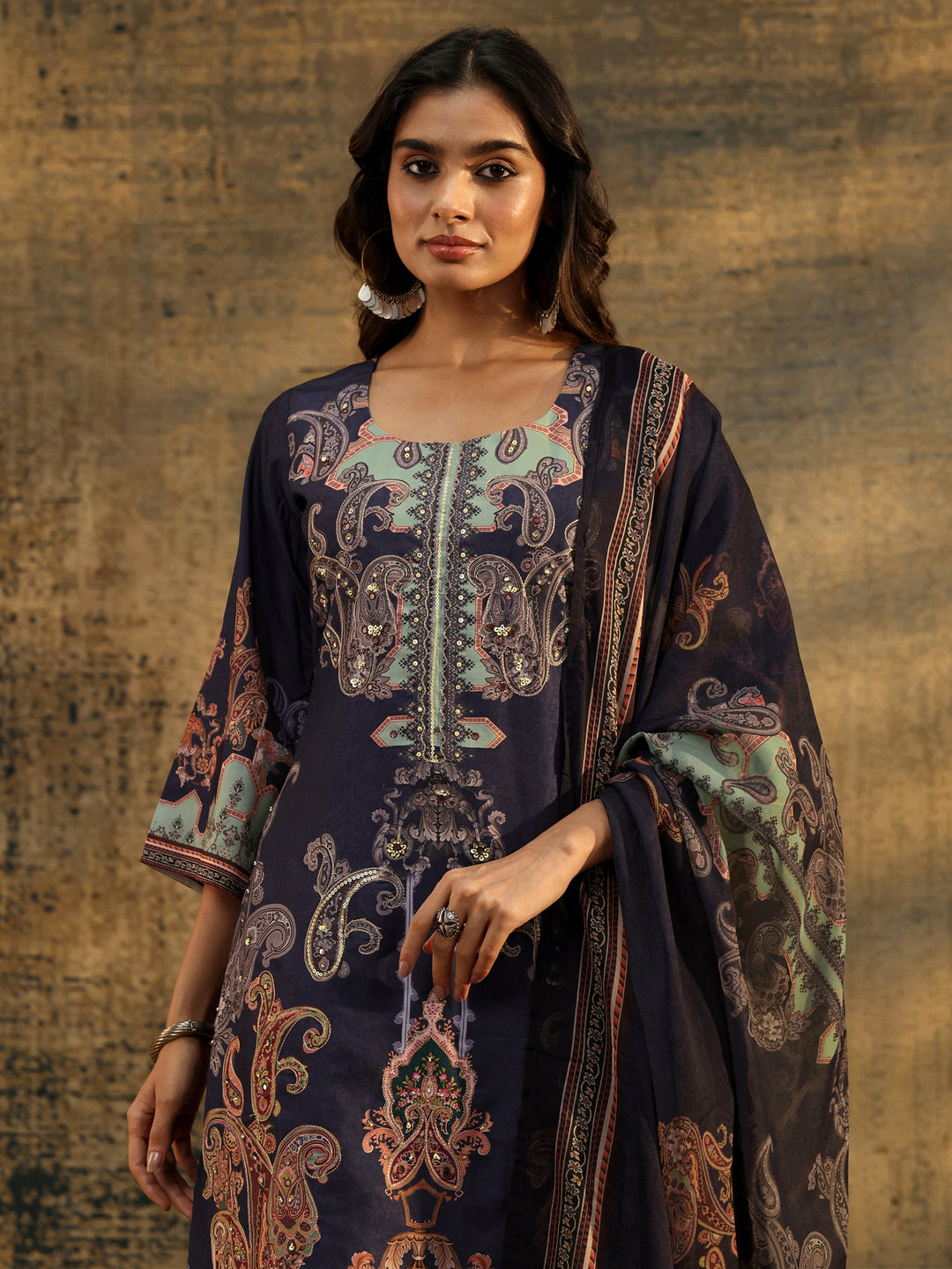 Libas Midnight Purple Paisley Print  Silk Blend Straight Suit Set