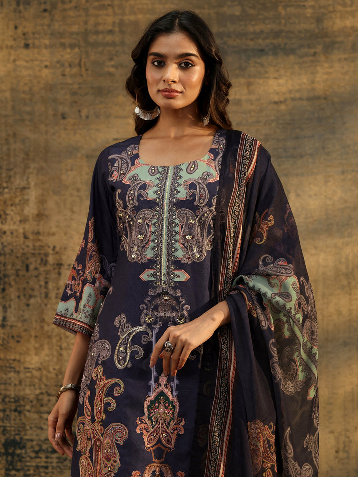Libas Midnight Purple Paisley Print  Silk Blend Straight Suit Set