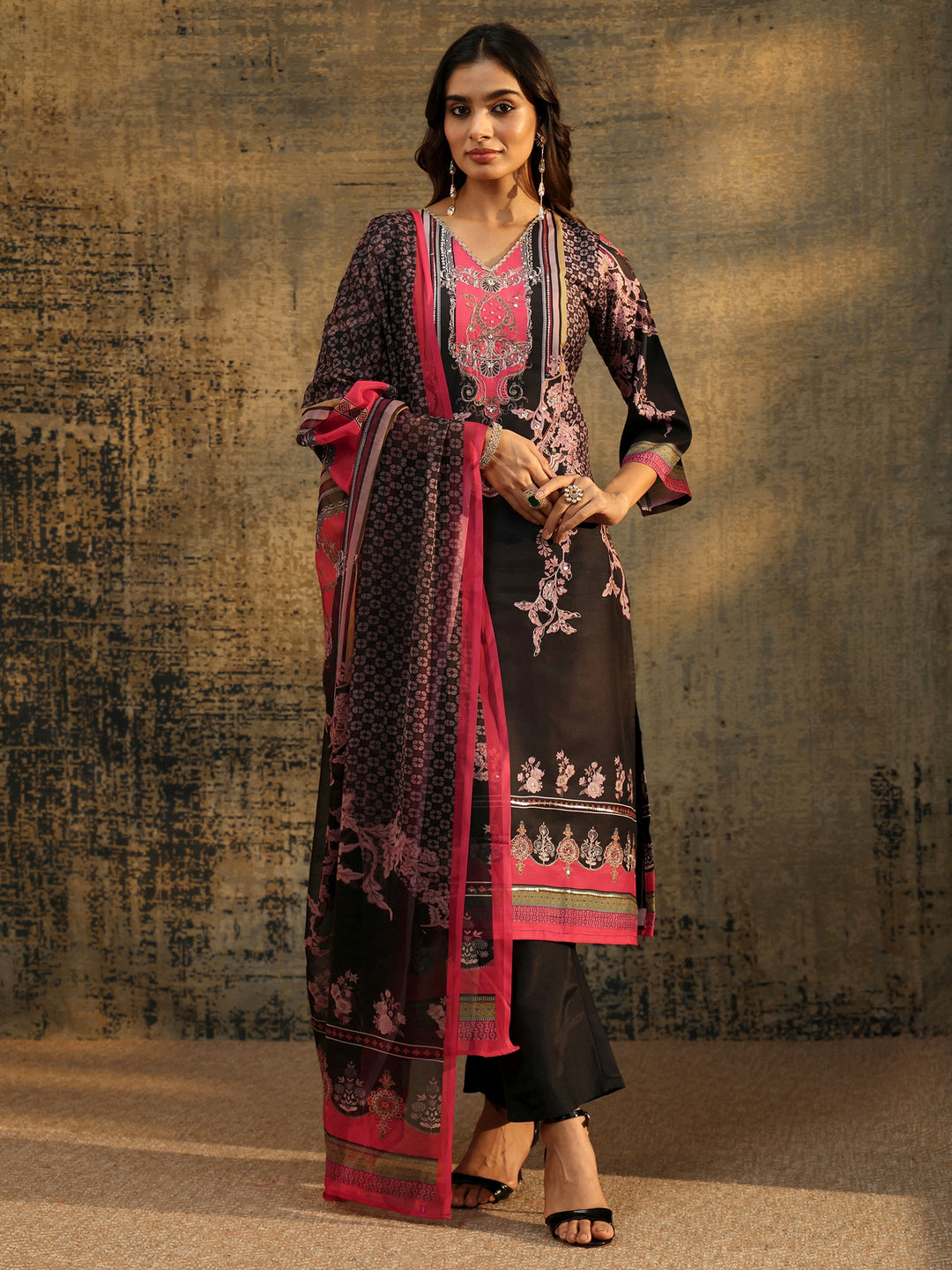 Libas Black Floral Embellished Silk Blend Straight Suit Set