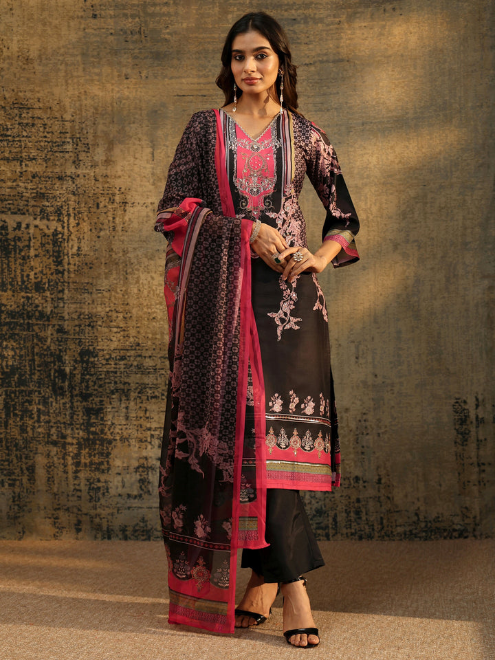 Libas Black Floral Embellished Silk Blend Straight Suit Set