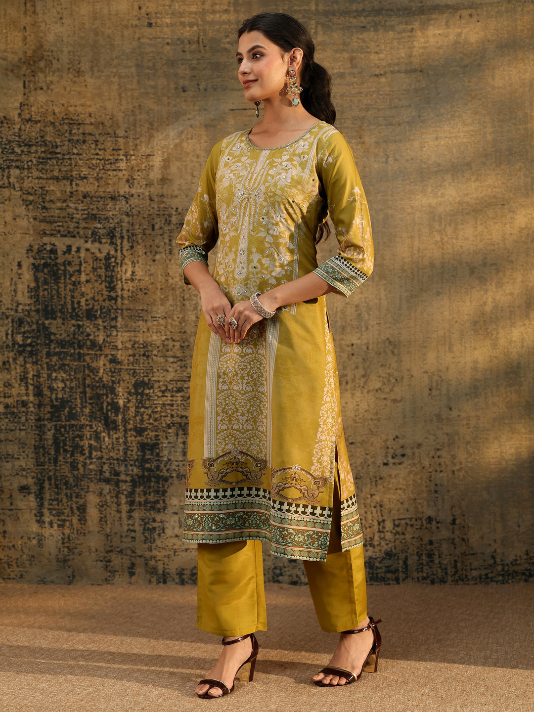 Libas Mustard Yellow Floral Printed Silk Blend Straight Suit Set