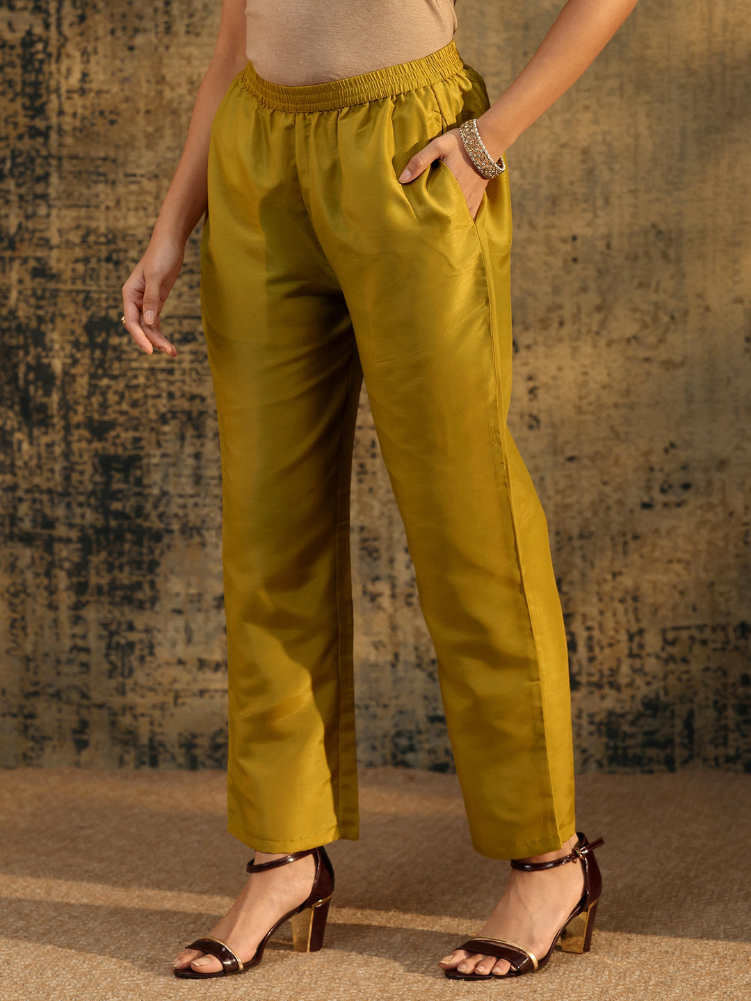 Libas Mustard Yellow Floral Printed Silk Blend Straight Suit Set