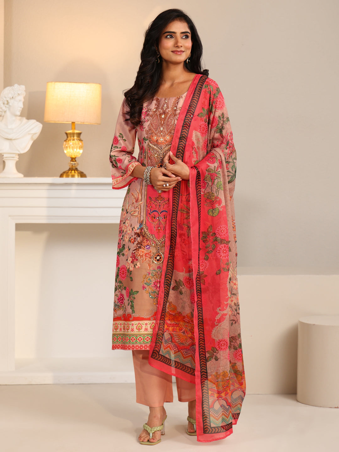 Libas Pink Floral Printed Silk Blend Straight Suit Set
