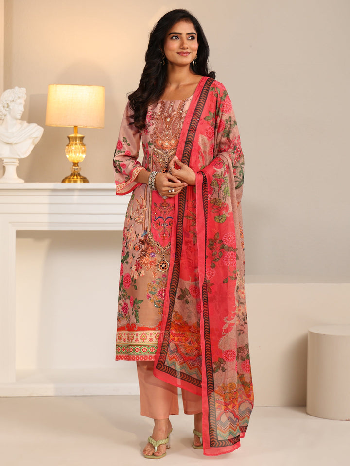 Libas Pink Floral Printed Silk Blend Straight Suit Set