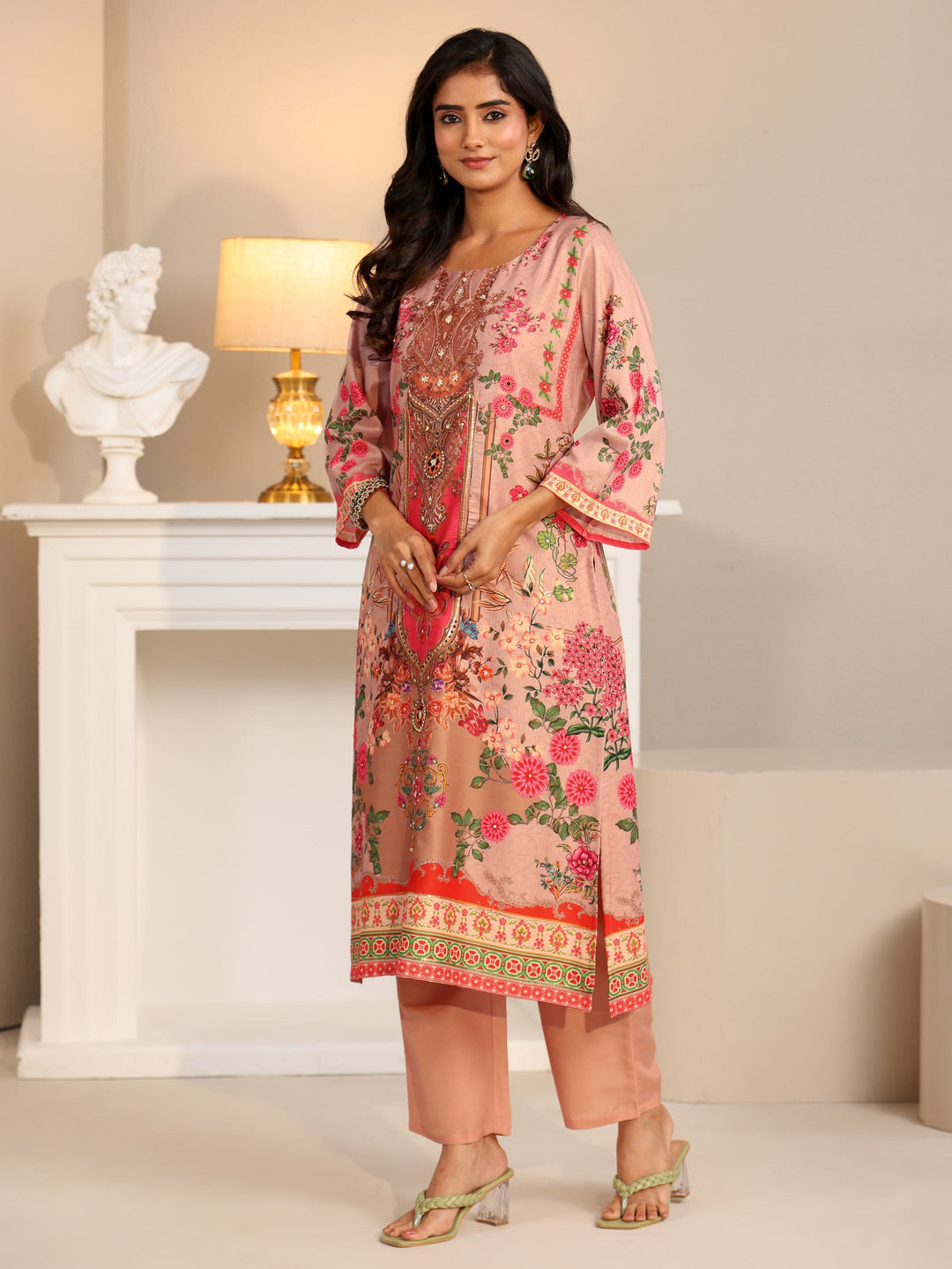 Libas Pink Floral Printed Silk Blend Straight Suit Set