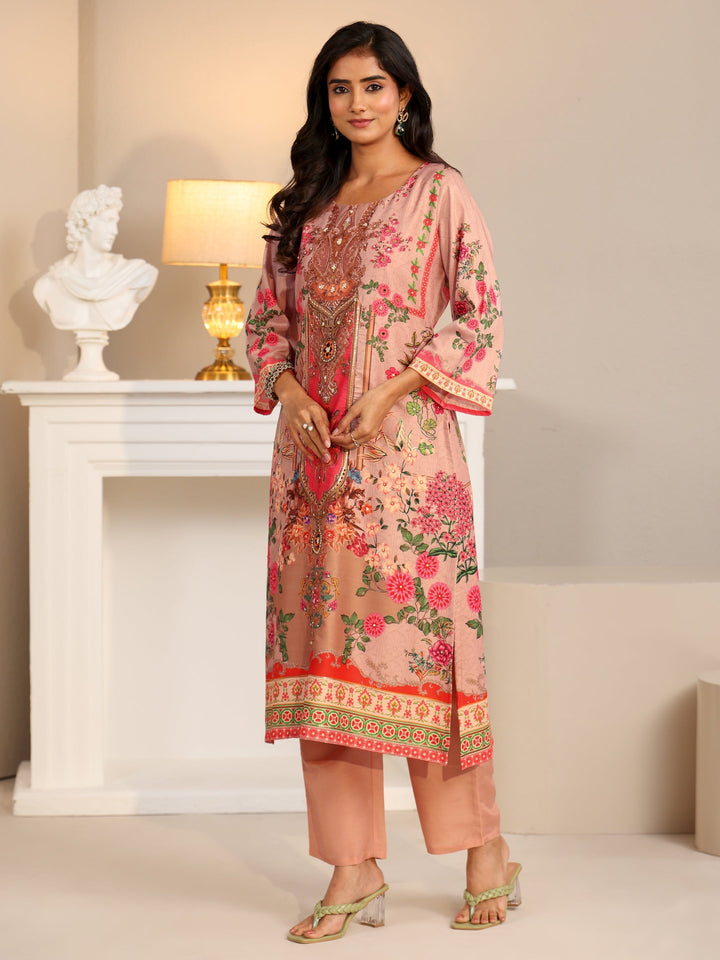 Libas Pink Floral Printed Silk Blend Straight Suit Set