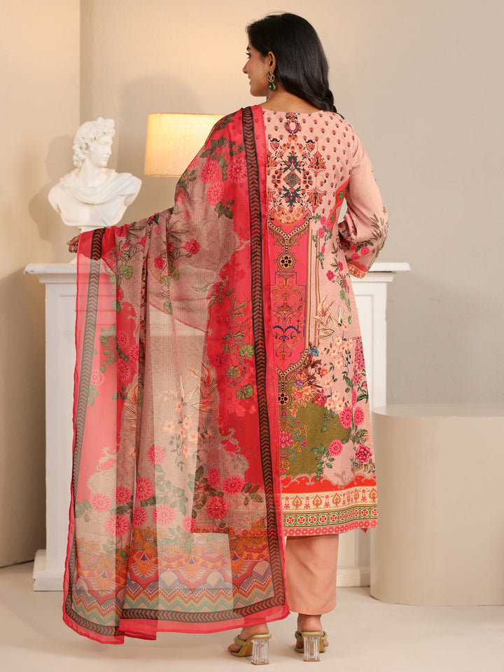 Libas Pink Floral Printed Silk Blend Straight Suit Set