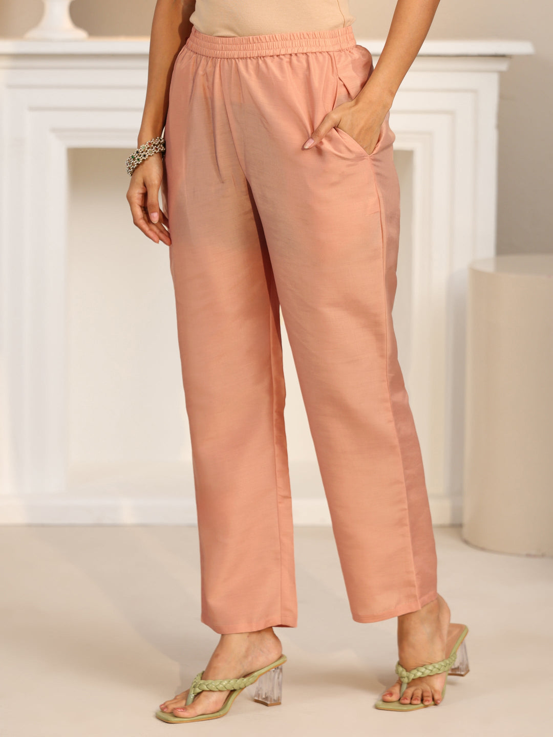 Libas Pink Floral Printed Silk Blend Straight Suit Set