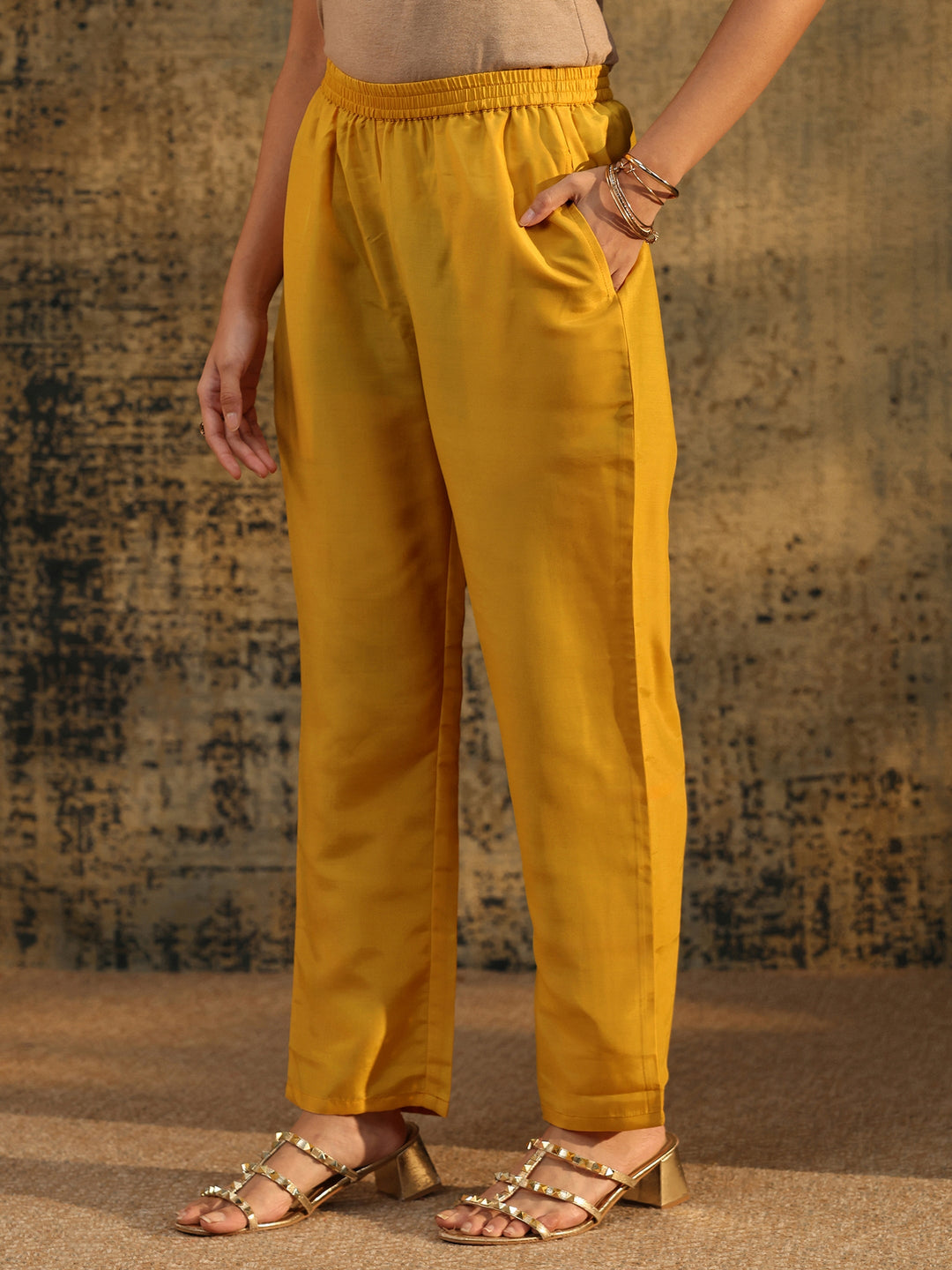 Libas Mustard Floral Embroidered Silk Blend Straight Suit Set