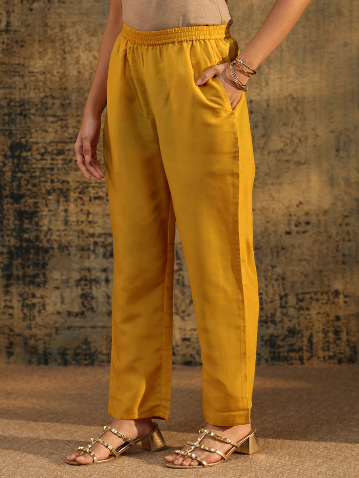 Libas Mustard Floral Embroidered Silk Blend Straight Suit Set