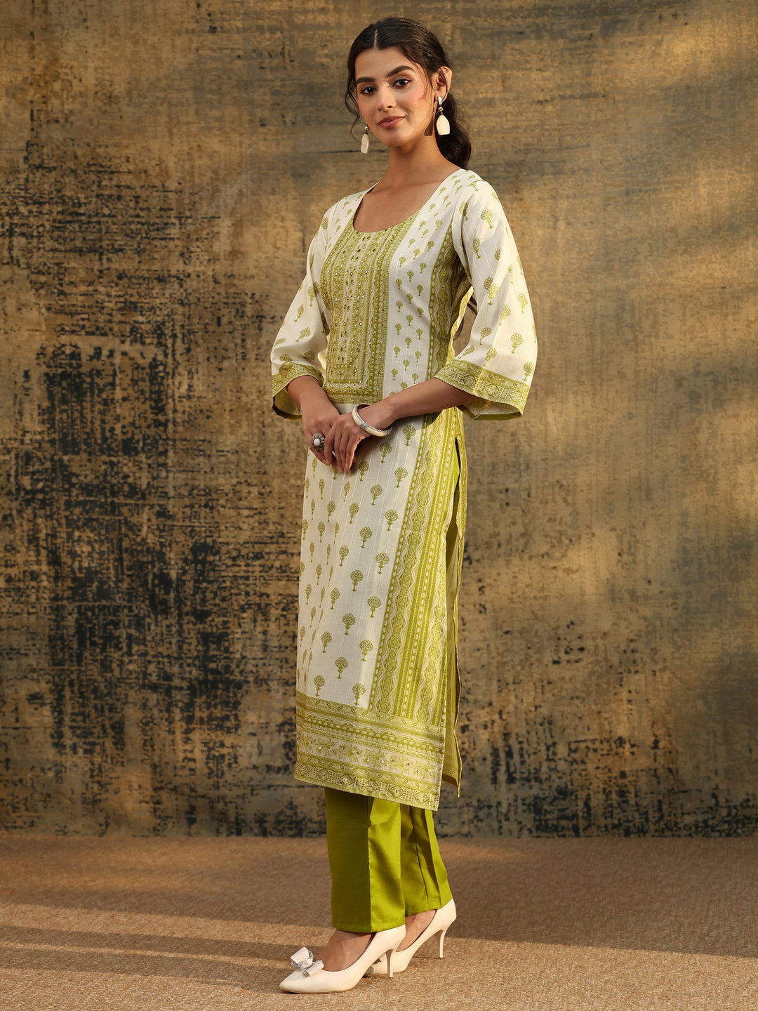 Libas Off White Floral Printed Linen Straight Suit Set