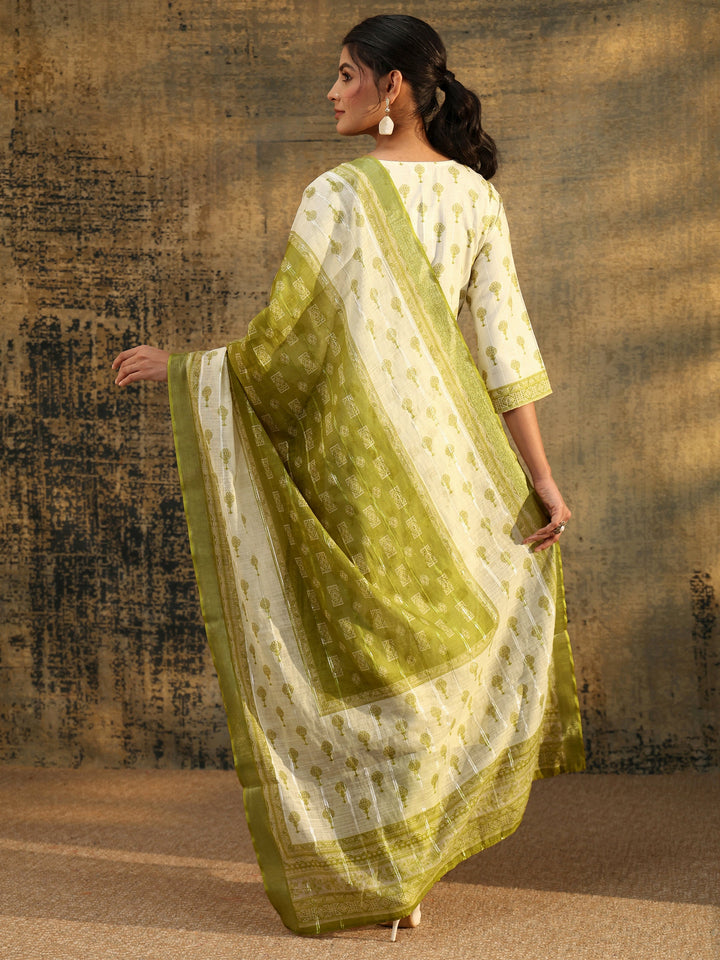 Libas Off White Floral Printed Linen Straight Suit Set