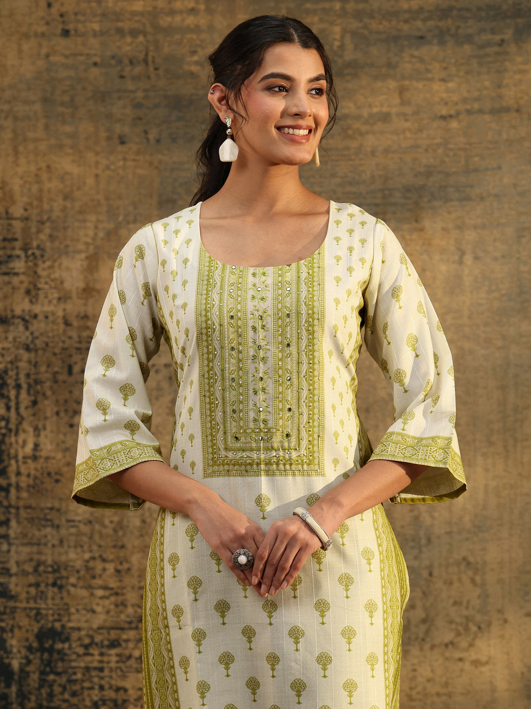 Libas Off White Floral Printed Linen Straight Suit Set
