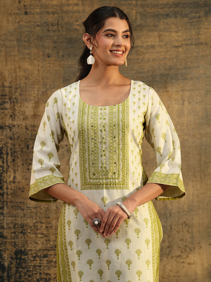 Libas Off White Floral Printed Linen Straight Suit Set