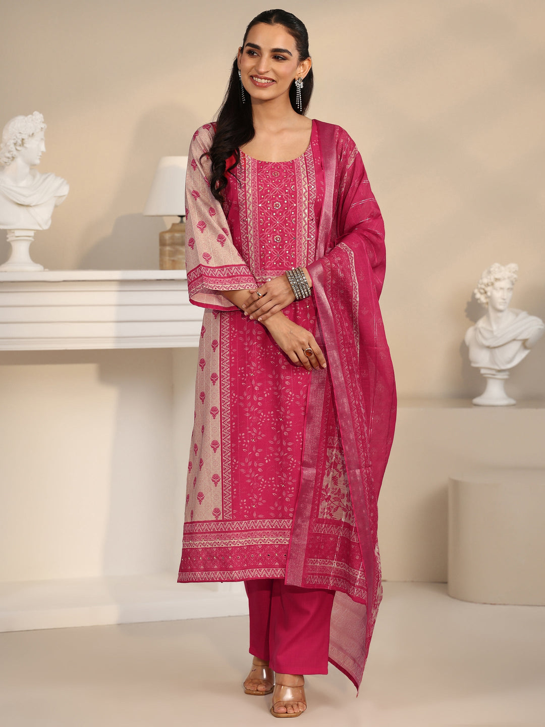 Libas Pink Floral Printed Linen Straight Suit Set