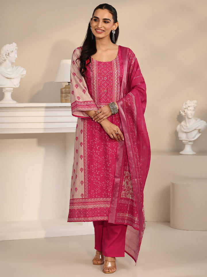 Libas Pink Floral Printed Linen Straight Suit Set