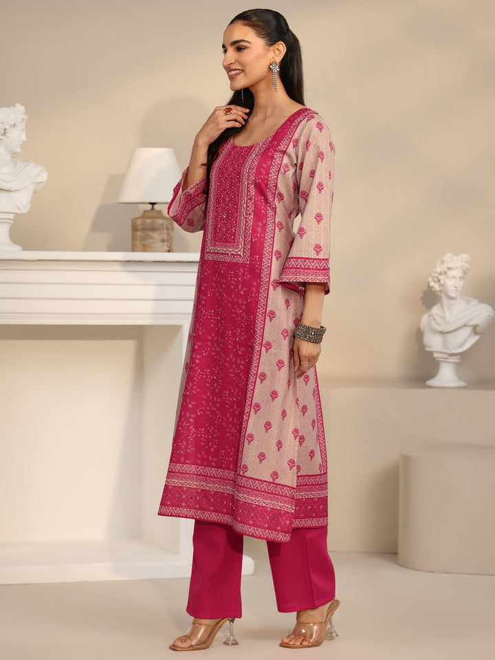 Libas Pink Floral Printed Linen Straight Suit Set