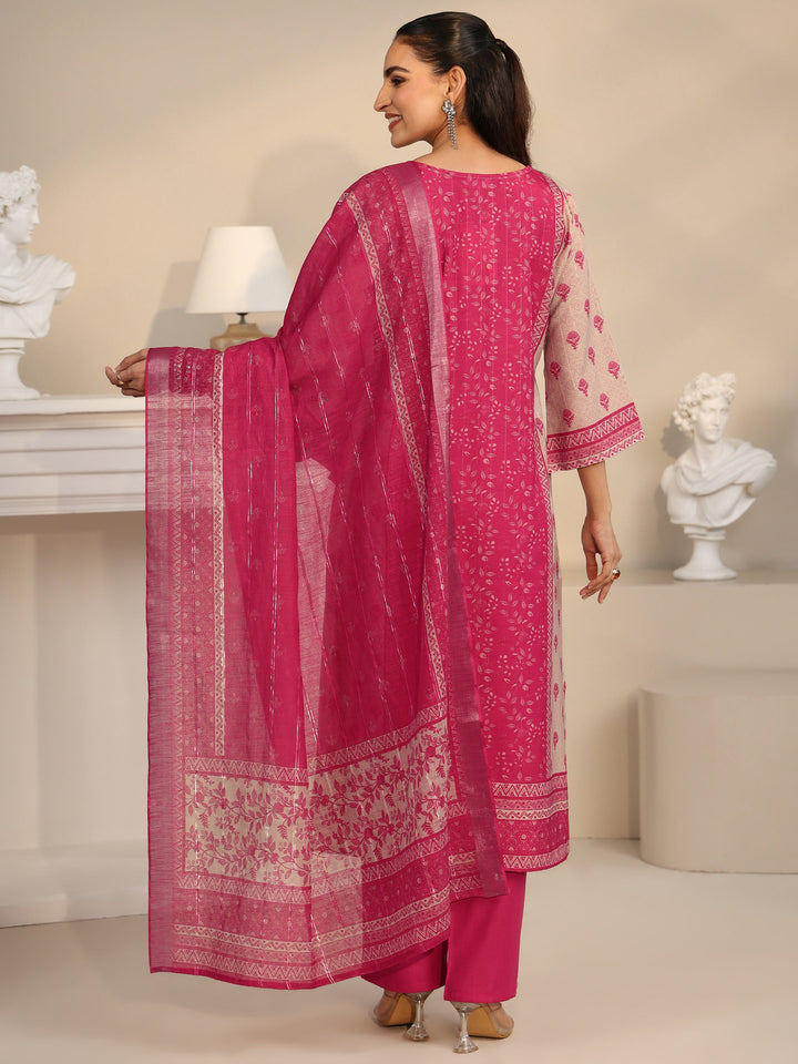 Libas Pink Floral Printed Linen Straight Suit Set