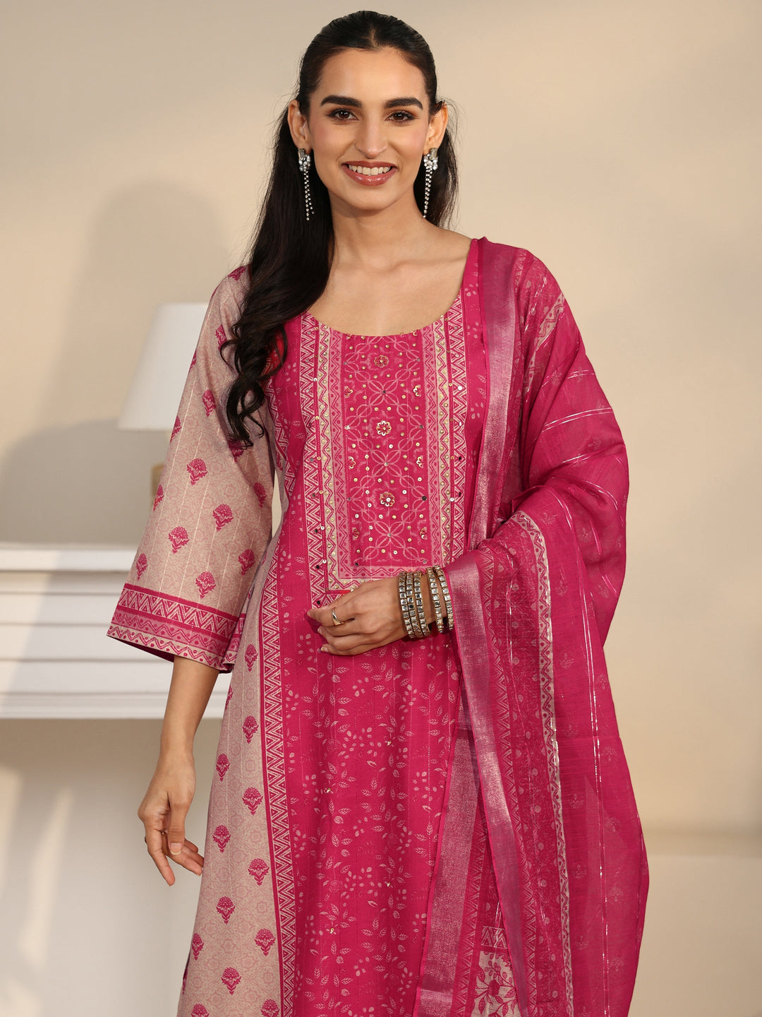 Libas Pink Floral Printed Linen Straight Suit Set