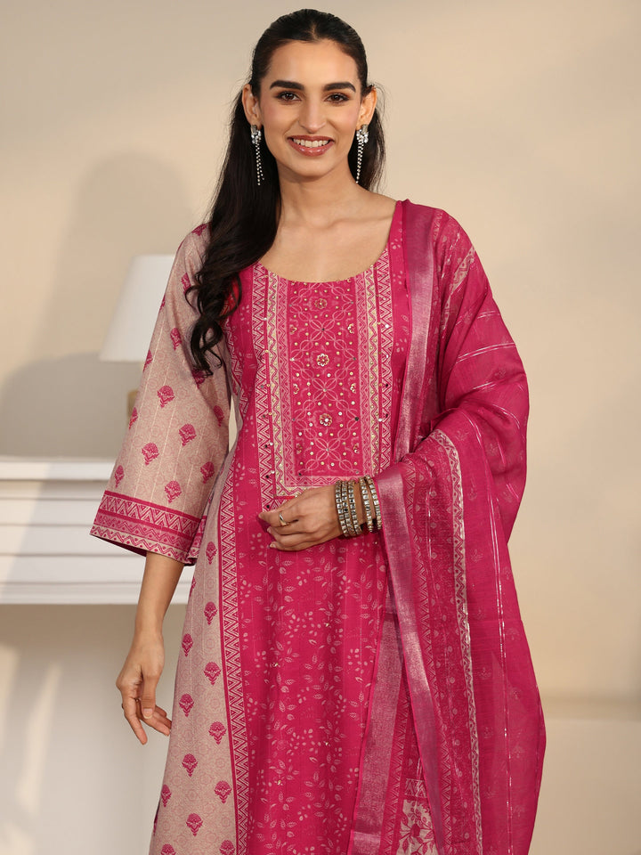 Libas Pink Floral Printed Linen Straight Suit Set