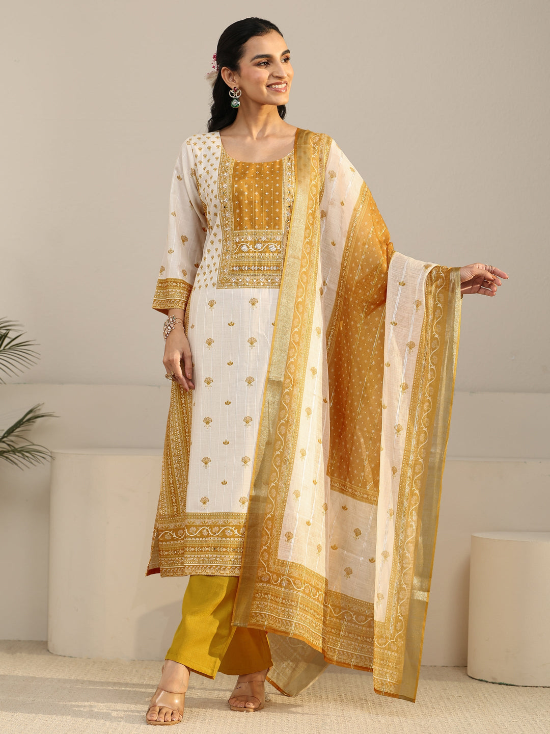 Libas Off White Floral Printed Linen Straight Suit Set