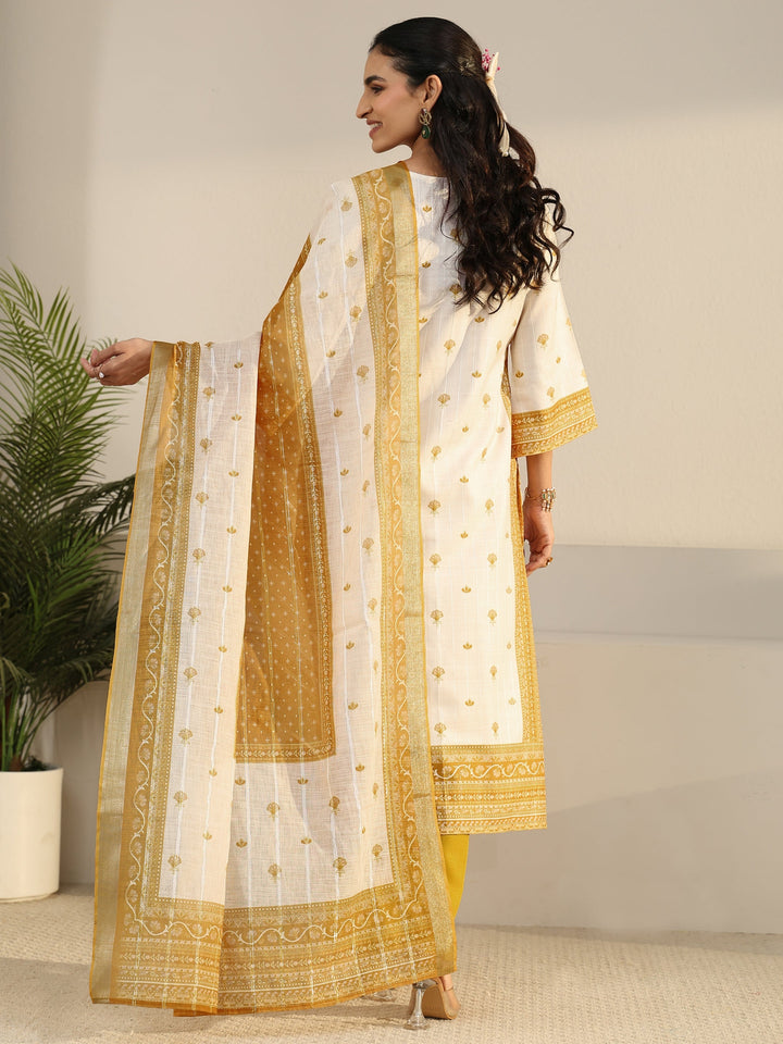 Libas Off White Floral Printed Linen Straight Suit Set