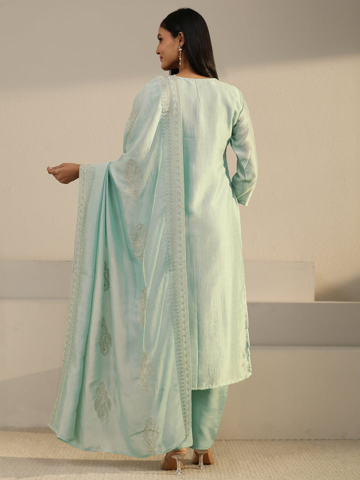 Libas Powder Blue Paisley Embellished Silk Blend Straight Suit Set