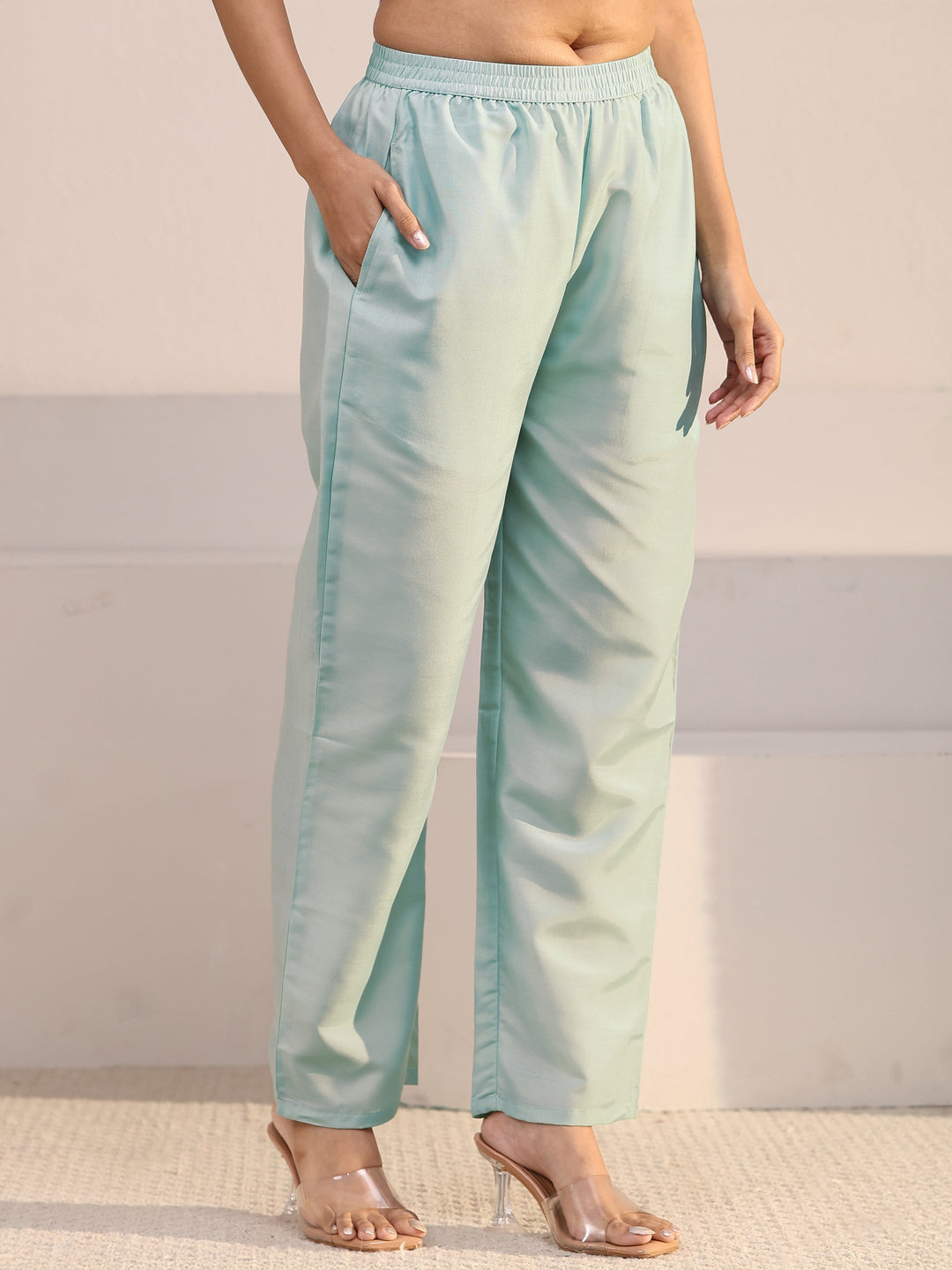 Libas Powder Blue Paisley Embellished Silk Blend Straight Suit Set
