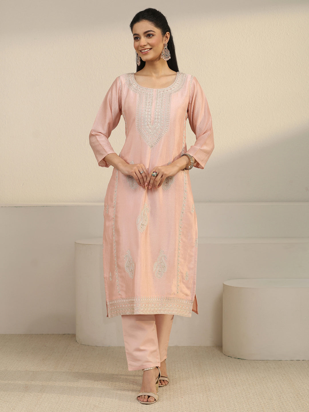 Libas Dusty Pink Paisley Embellished Silk Blend Straight Suit Set