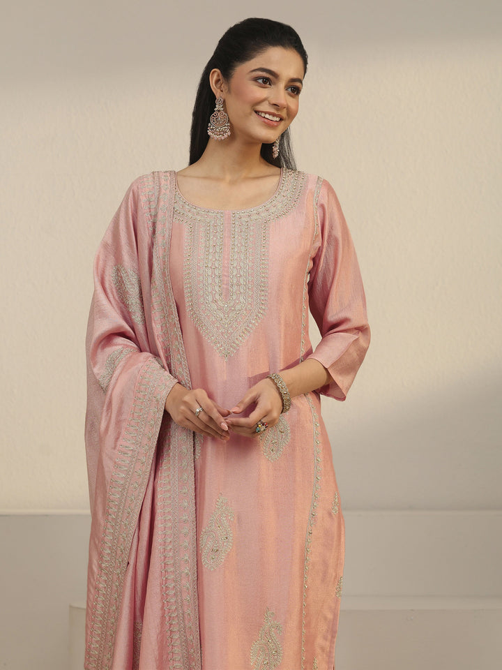 Libas Dusty Pink Paisley Embellished Silk Blend Straight Suit Set