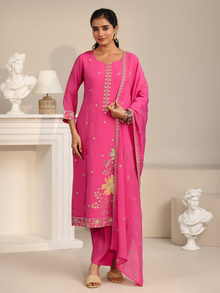 Libas Hot Pink Floral Embroidered Chanderi Silk Straight Suit Set