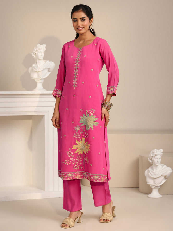 Libas Hot Pink Floral Embroidered Chanderi Silk Straight Suit Set
