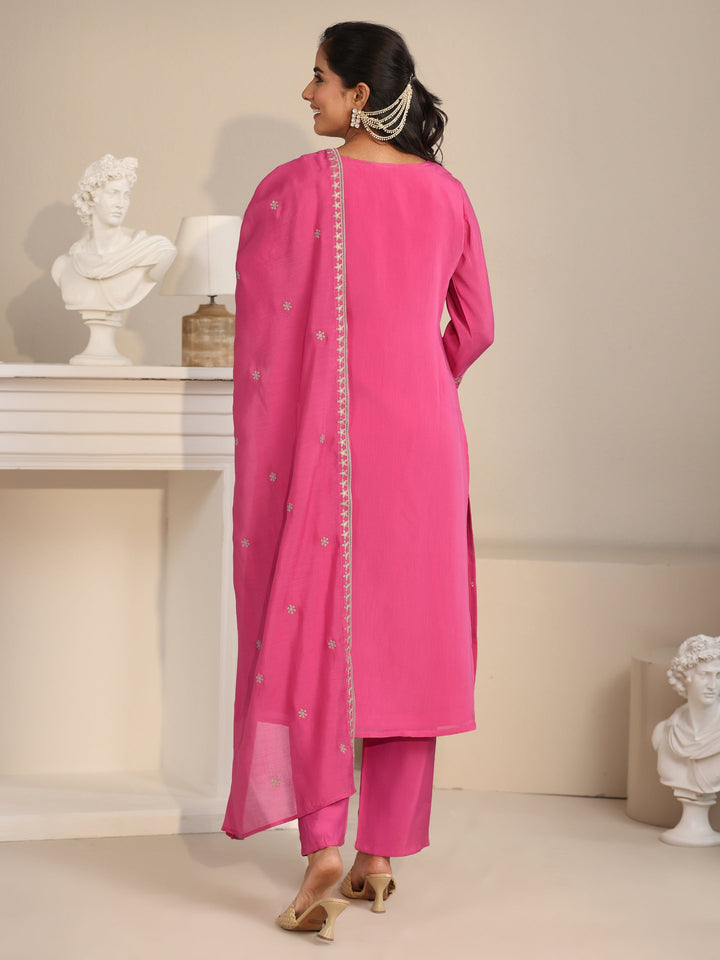 Libas Hot Pink Floral Embroidered Chanderi Silk Straight Suit Set