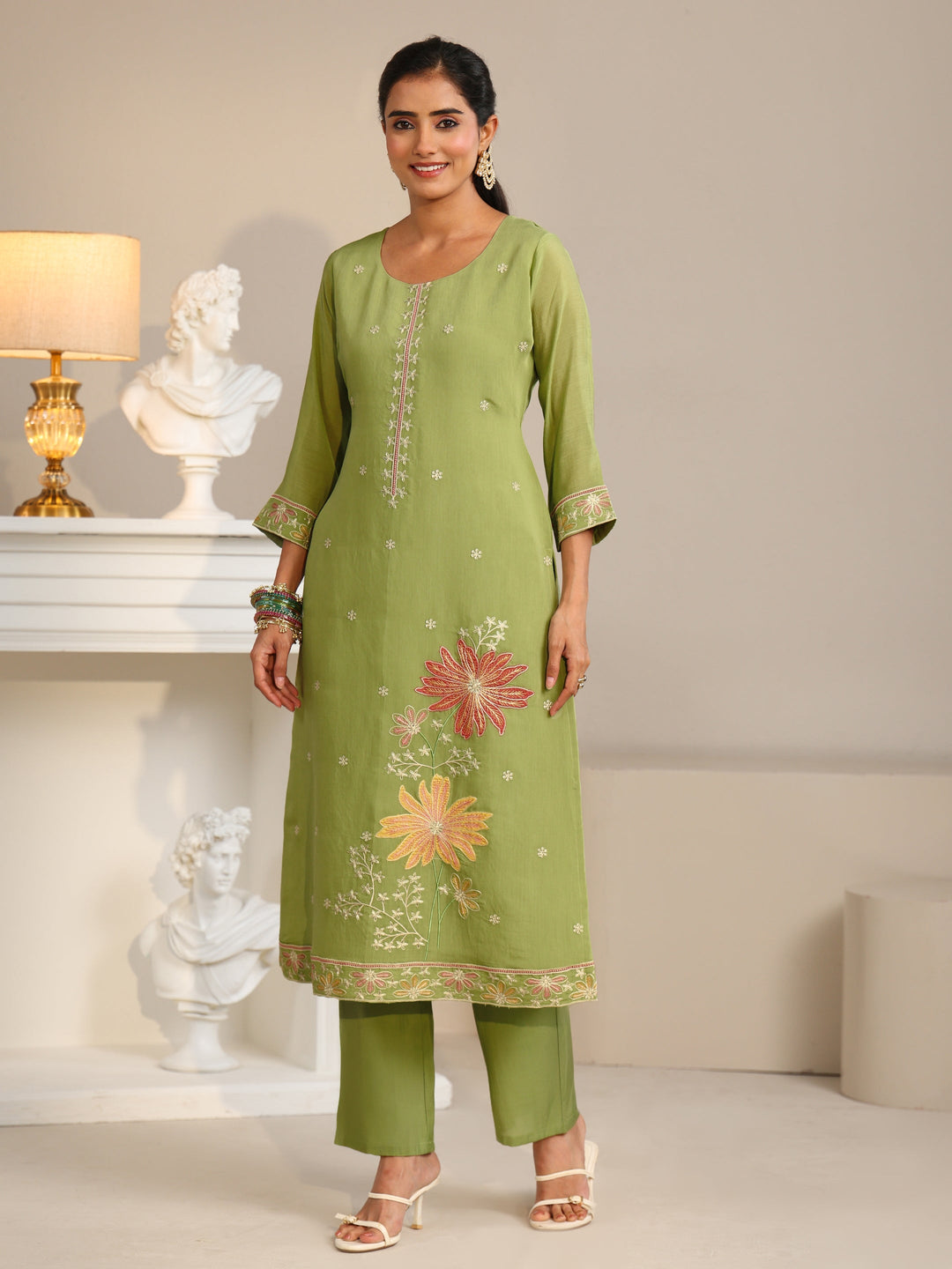 Libas Pista Green Floral Embroidered Chanderi Silk Straight Suit Set
