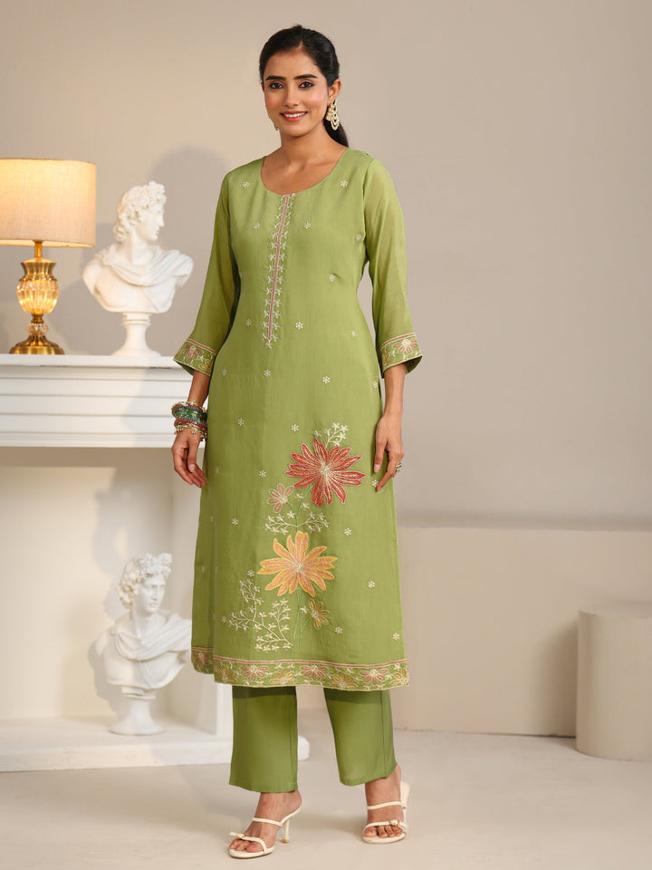 Libas Pista Green Floral Embroidered Chanderi Silk Straight Suit Set