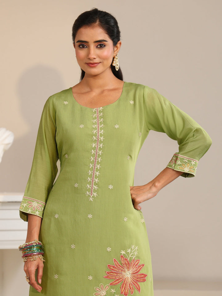 Libas Pista Green Floral Embroidered Chanderi Silk Straight Suit Set