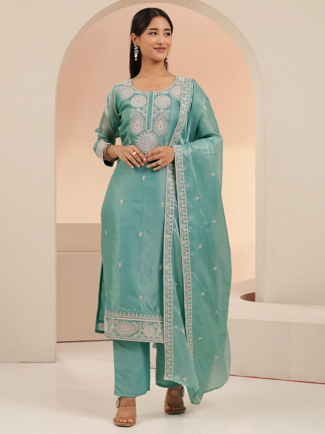 Libas Arctic Blue Embroidered Tissue Straight Suit Set