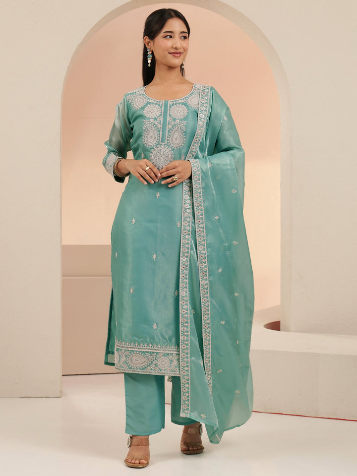 Libas Arctic Blue Embroidered Tissue Straight Suit Set