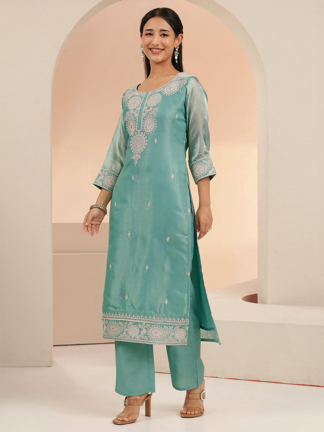 Libas Arctic Blue Embroidered Tissue Straight Suit Set
