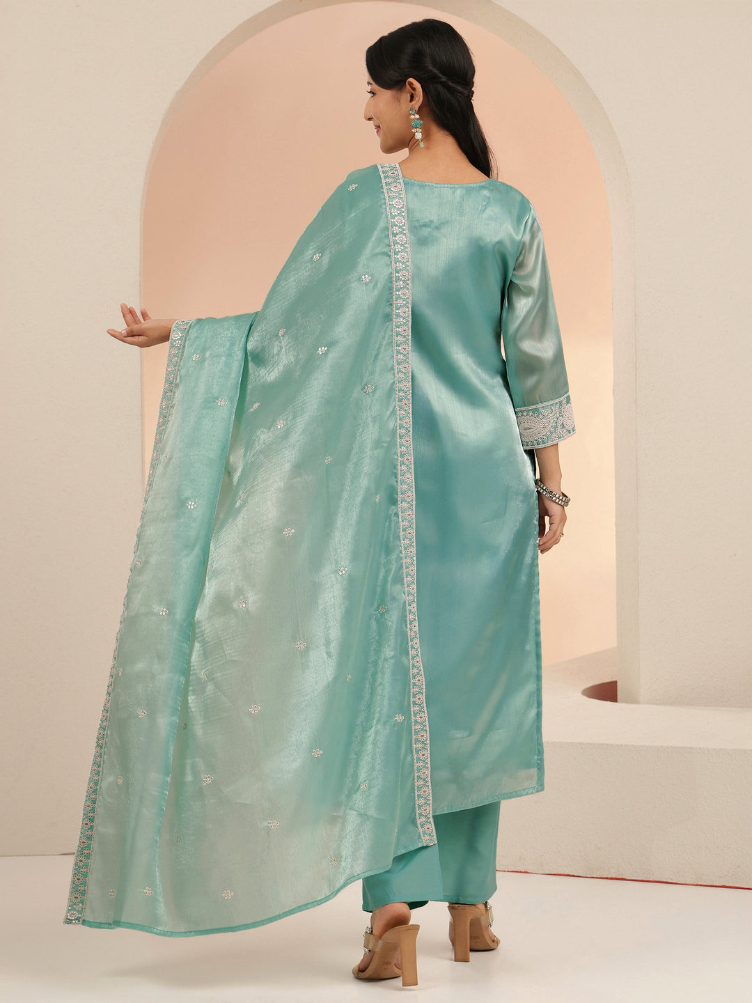 Libas Arctic Blue Embroidered Tissue Straight Suit Set