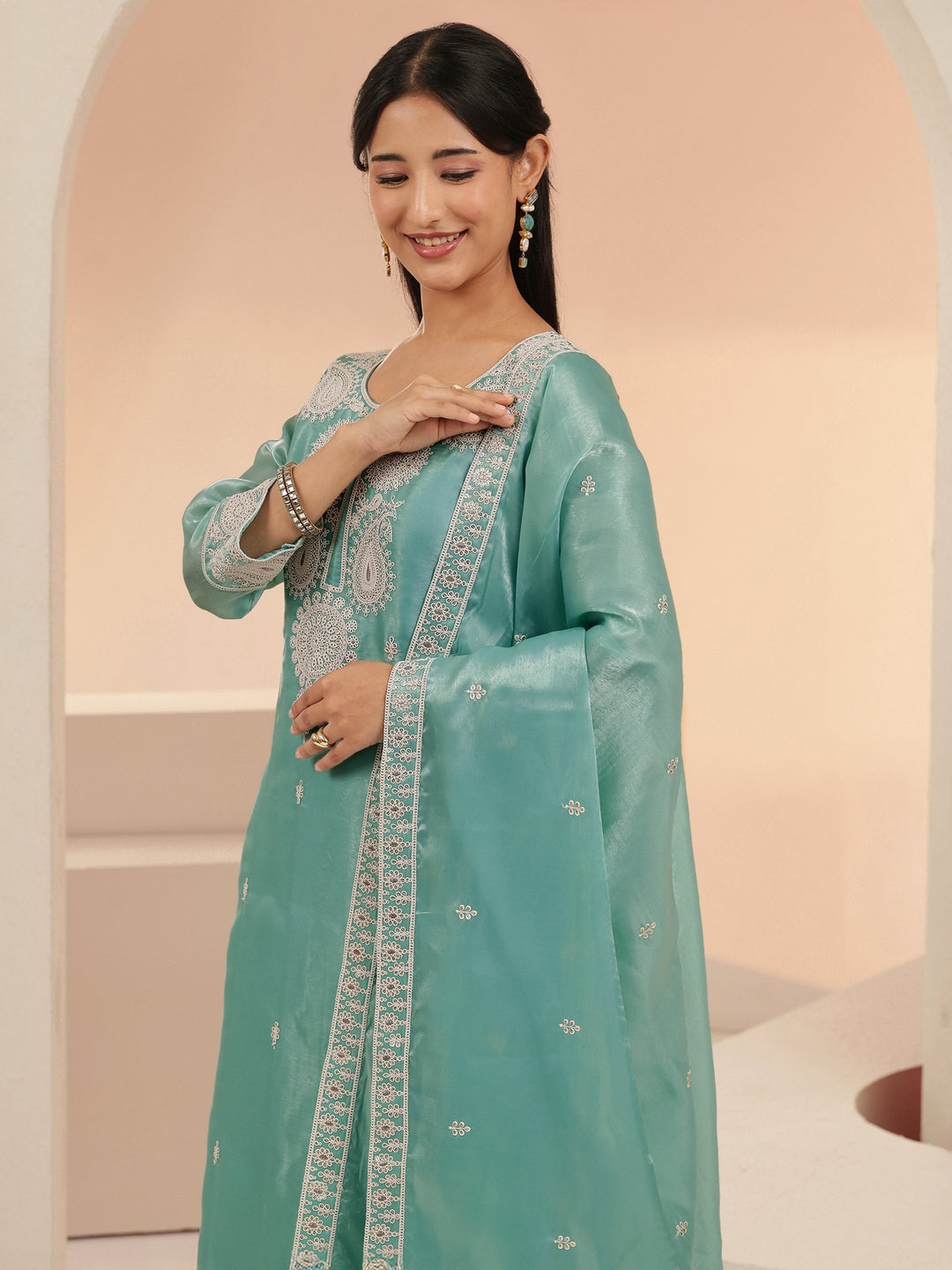Libas Arctic Blue Embroidered Tissue Straight Suit Set