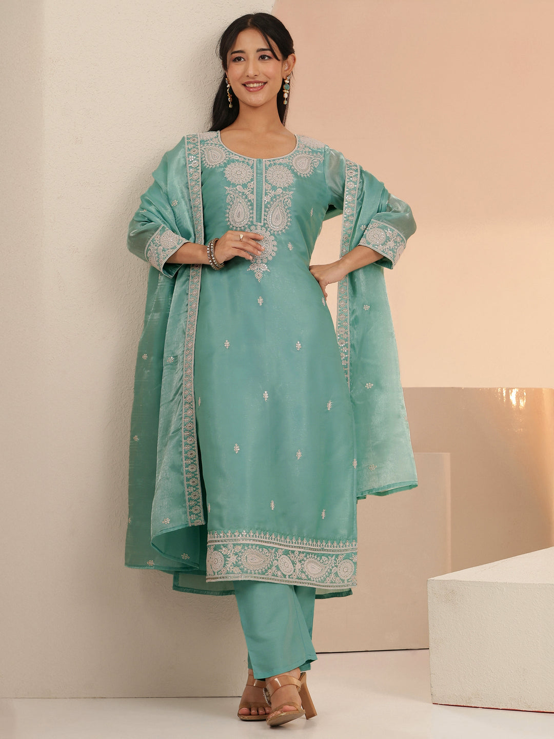 Libas Arctic Blue Embroidered Tissue Straight Suit Set