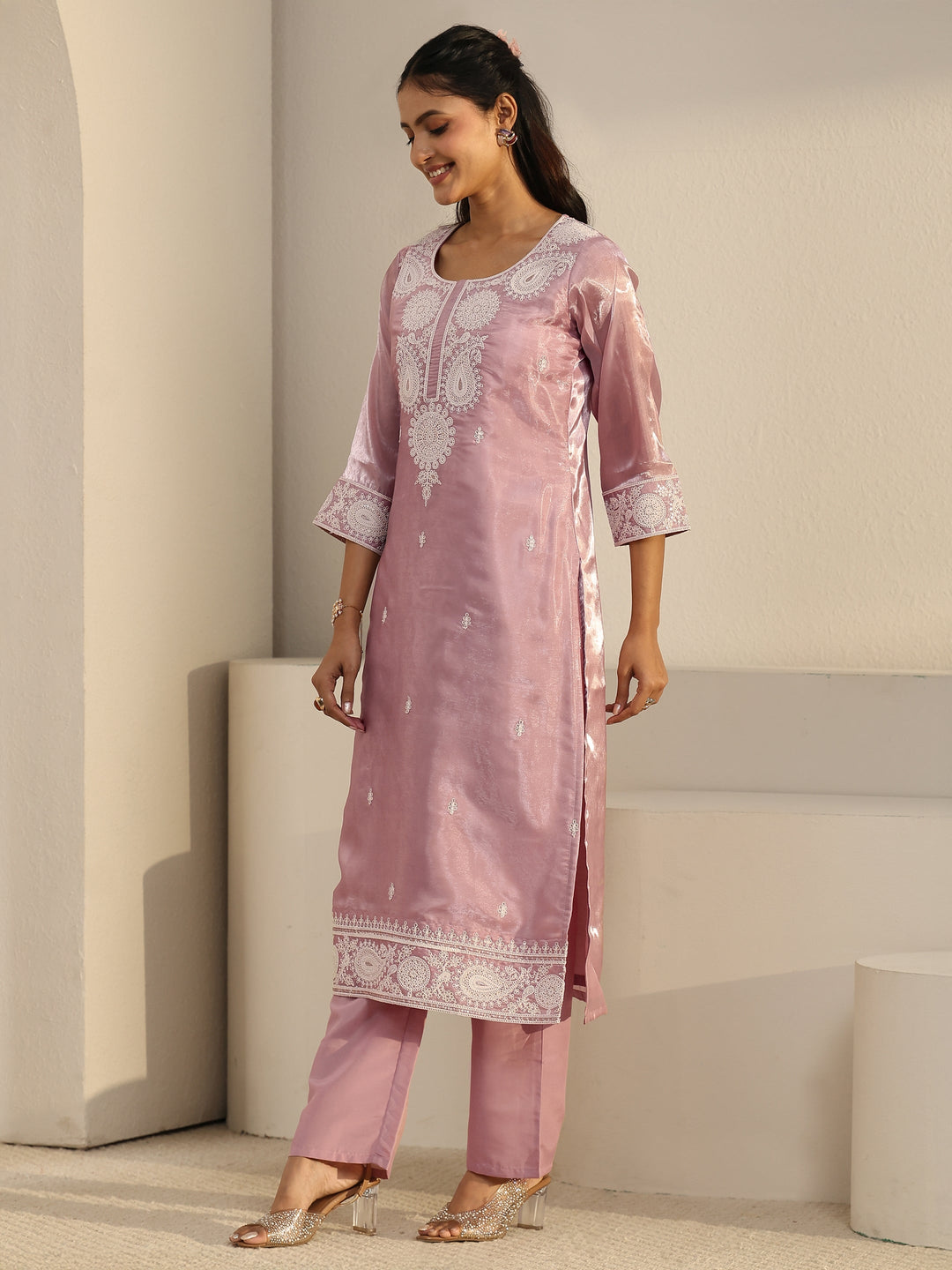 Libas Pink Paisley Embroidered Tissue Straight Suit Set