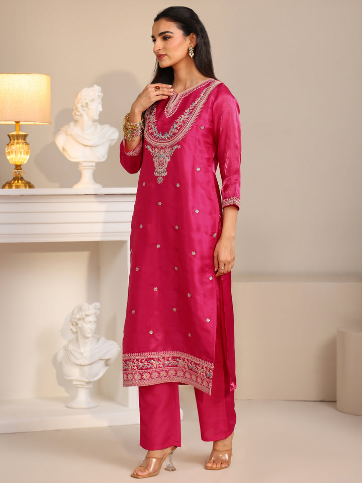 Libas Rani Pink Ethnic Embroidered Tissue Straight Suit Set