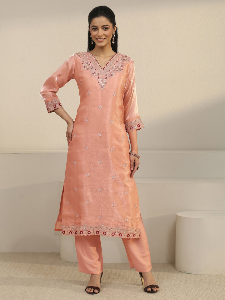 Libas Peach Pink Floral Embroidered Tissue Straight Suit Set
