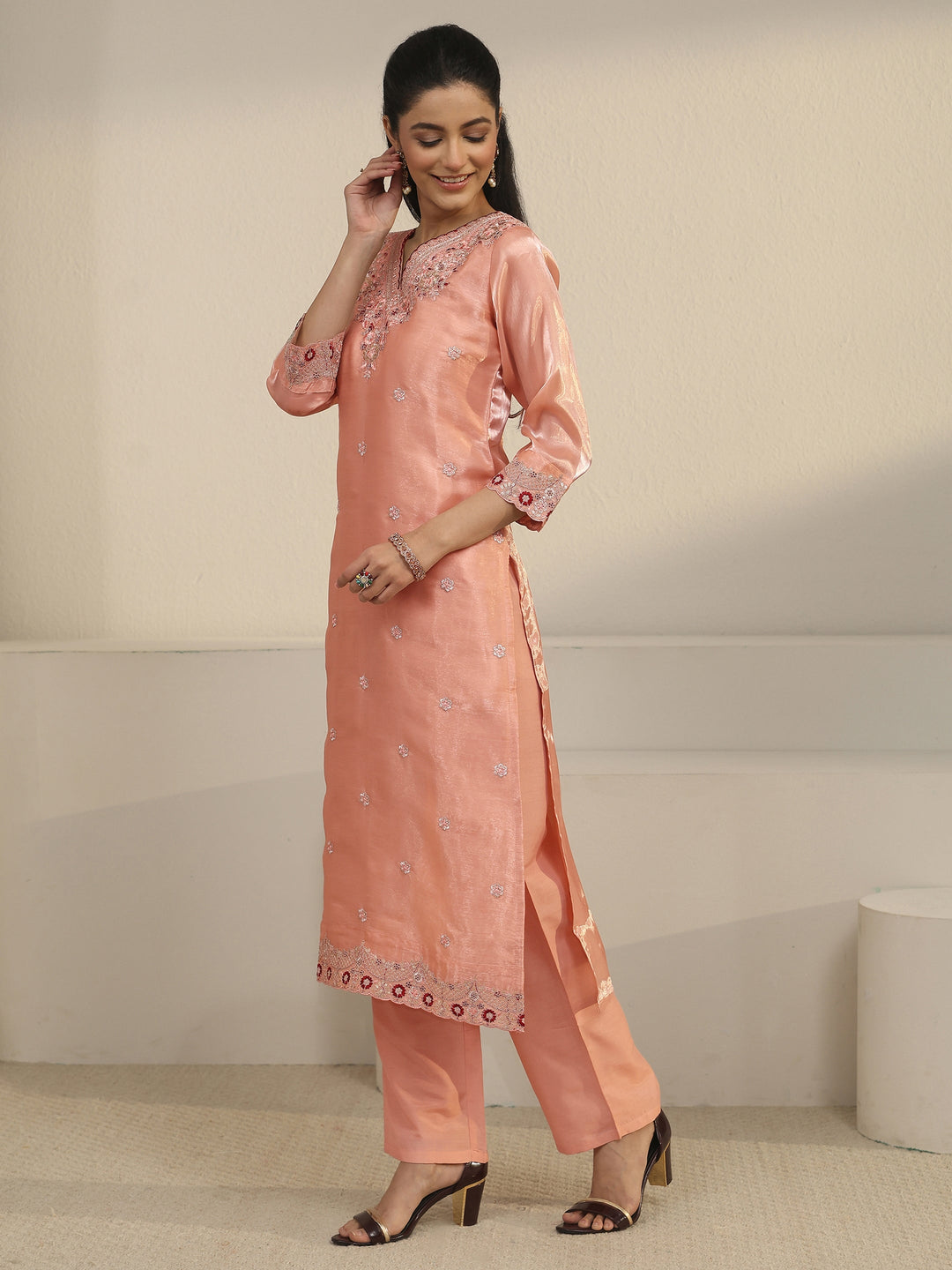 Libas Peach Pink Floral Embroidered Tissue Straight Suit Set
