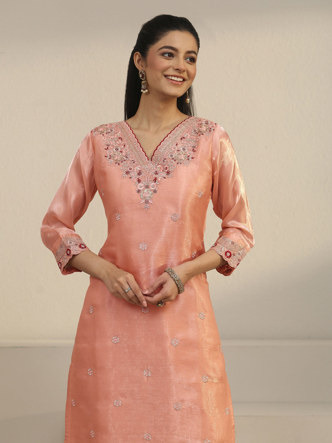 Libas Peach Pink Floral Embroidered Tissue Straight Suit Set